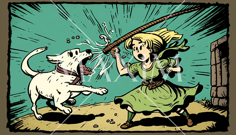 犬も歩けば棒に当たる：昔のかるた絵を現代風にアレンジ。ちょっと動物虐待だけど意味に忠実に。