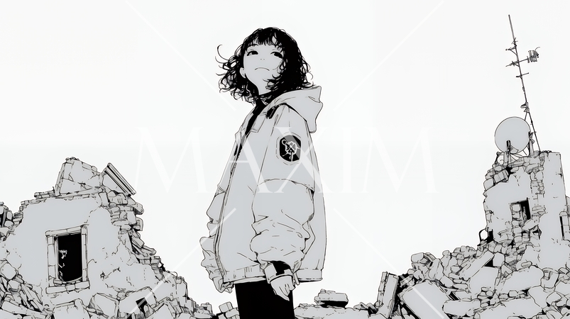 震災や空爆などで破壊された街で孤独に立ちすくむ若い女性（シンプルな色合い）