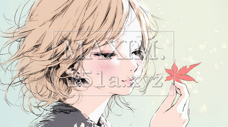 落ち葉をつまんで眺める若い女性｜秋を感じる女性のイラスト（パステル調）（イラストID:4876695-20512）