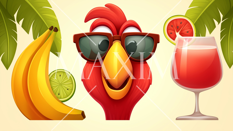 オウムとカクテルとフルーツのいる南国リゾートのイメージ