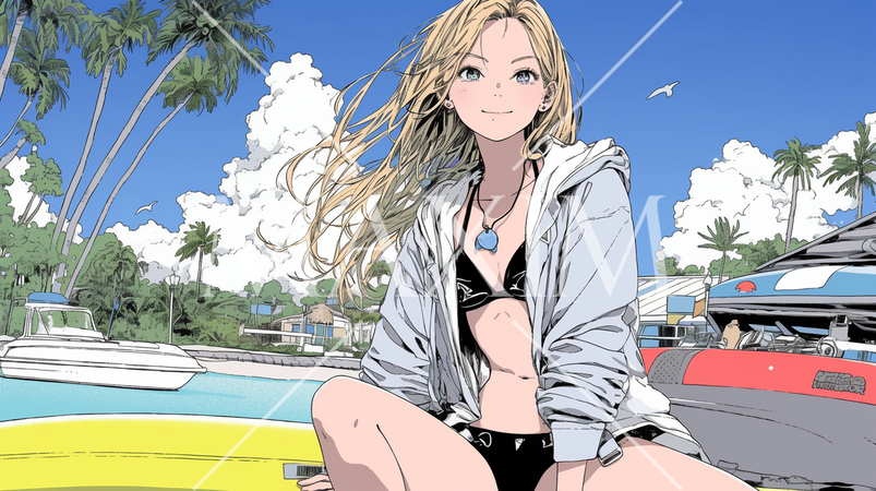 南国の海岸にビキニ姿でいる若い女性