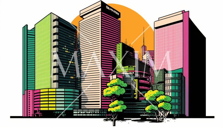 東京のオフィス街の街並みをポップアートで表現