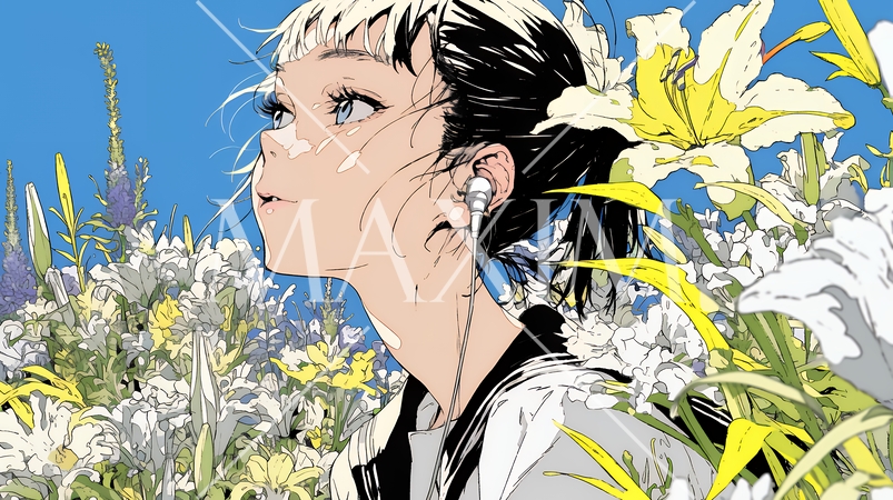 ユリの花と若い女性