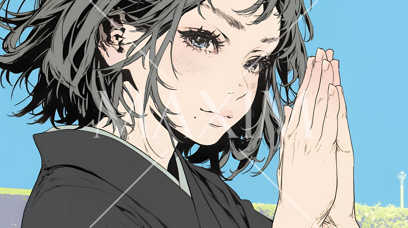 手を合わせてお祈りをしている和服姿の若い女性