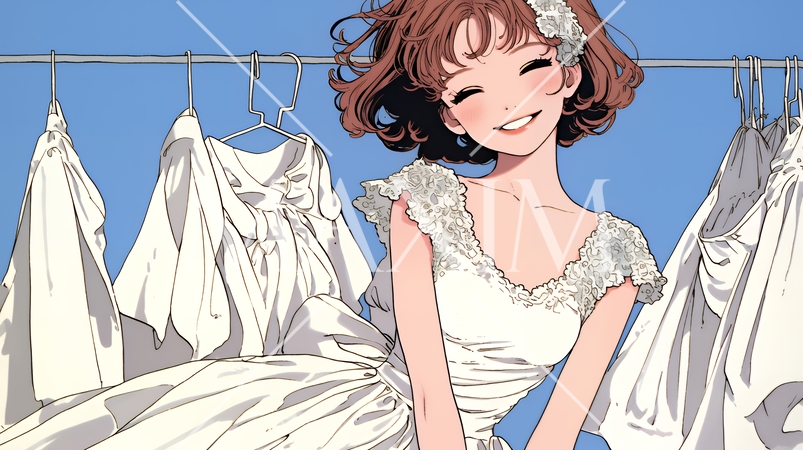 花嫁衣装の試着でウキウキしている若い女性