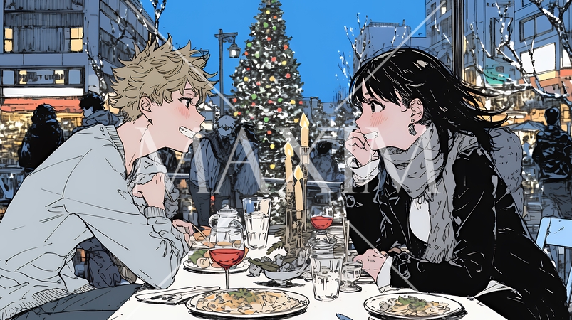 クリスマスディナーを楽しんでいる若いカップル