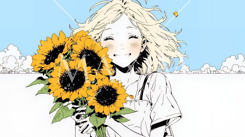 ひまわりと女性（シンプルな色使い）