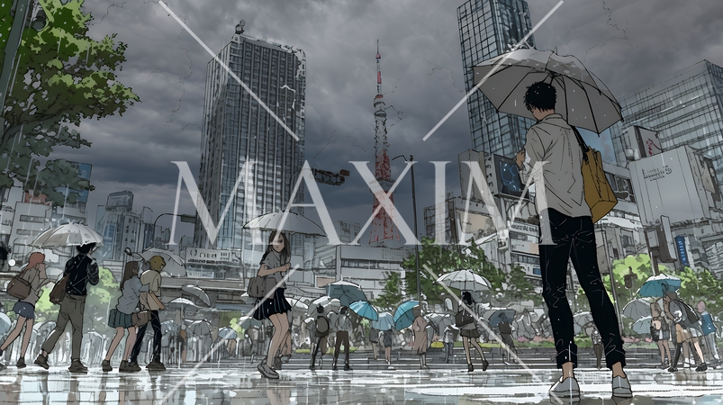 雨の中、黙々と通勤・通学をする人々