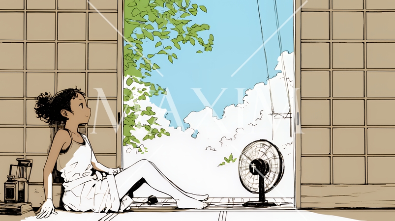 暑い夏の昼下がり、扇風機にあたって涼んでいる若い女性（シンプルな色使い）