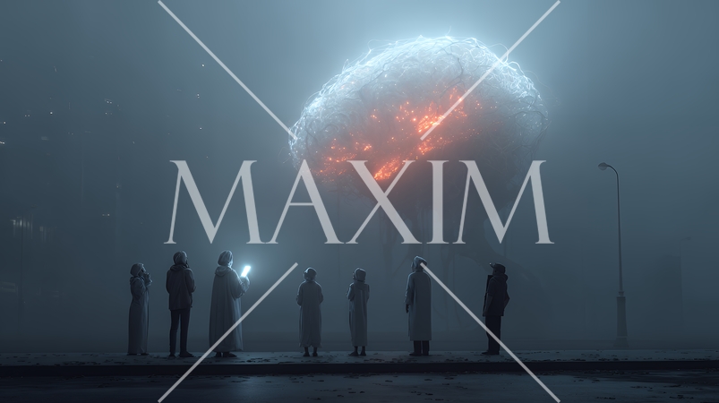 人々が抱く生成AIの抽象的なイメージ：人々が見上げる輝く脳がある