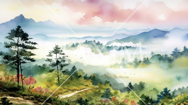 早朝の里山に朝焼けの中に朝靄が雲海のように広がっている。水彩画にした。