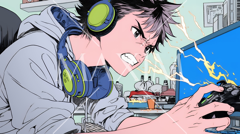 対戦型テレビゲームに没頭している若い男性