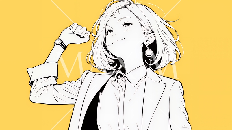 ガッツポーズ（拳を握って力強く）をしているビジネスウーマン（シンプルな色使い）