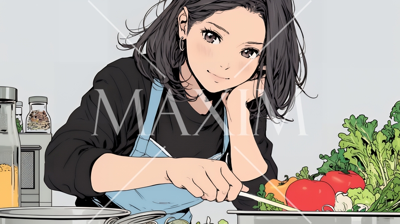 なれない料理に奮闘中の若い女性