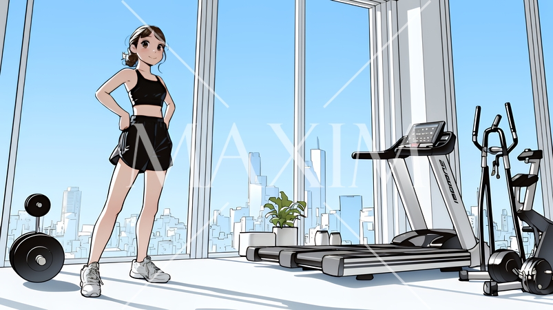休日にジムで軽く運動する若い女性（シンプルな色使い）