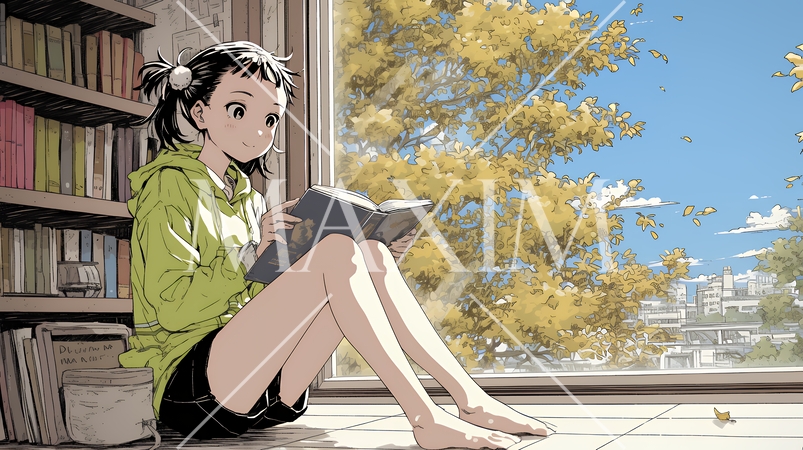 読書の秋：リビングルームで本を読んでいる若い女性