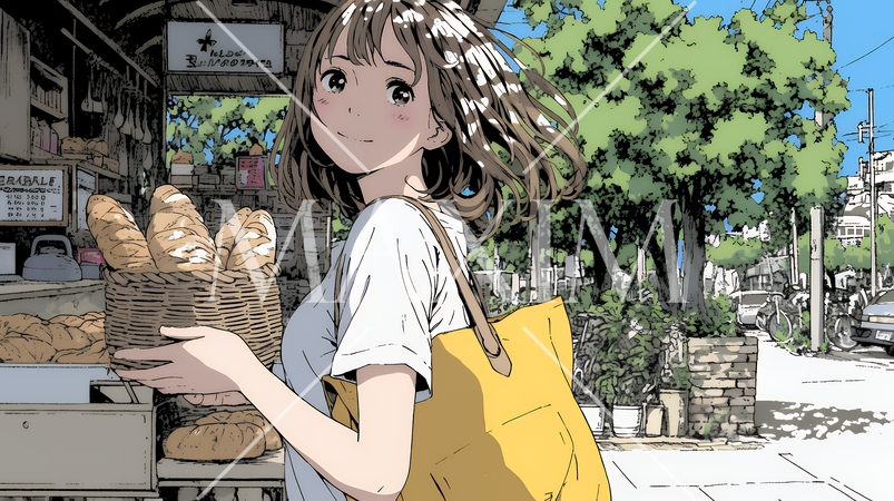 近所のパン屋で焼きたてパンを買う若い女性