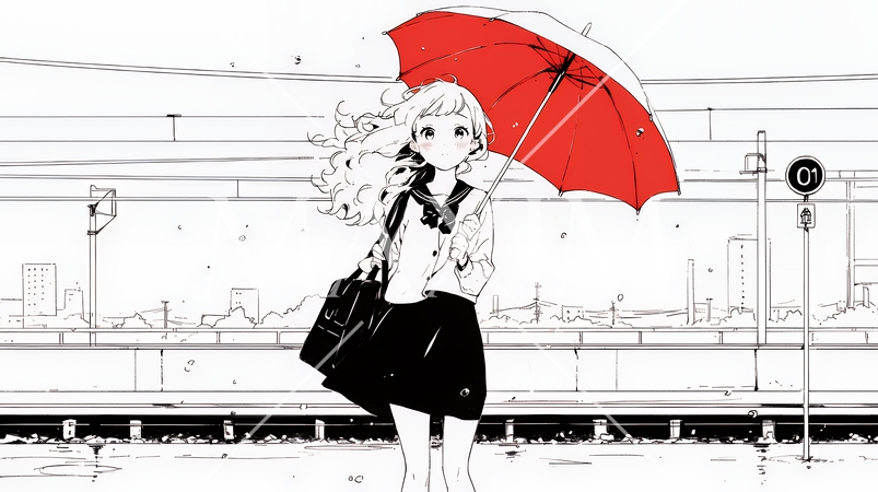 雨の日に傘をさして歩く若い女性（シンプルな色使い）
