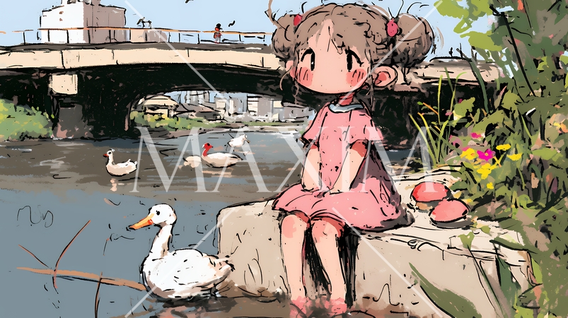 小学生の夏の思い出：川辺に遊びに行く（クレヨン＋水彩画風）