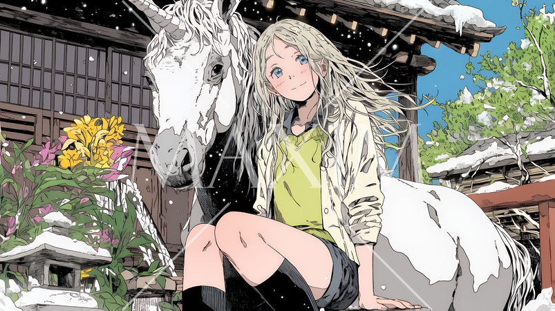 ユニコーンと若い女性