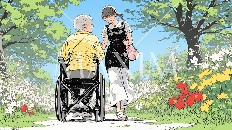 車椅子の歳をとった女性が若い女性に付き添われて公園を散歩している