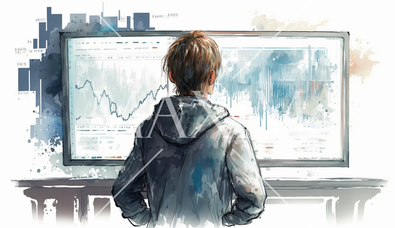 モニターに表示された株価チャートと注文画面を見つめる男性トレーダーの後ろ姿。