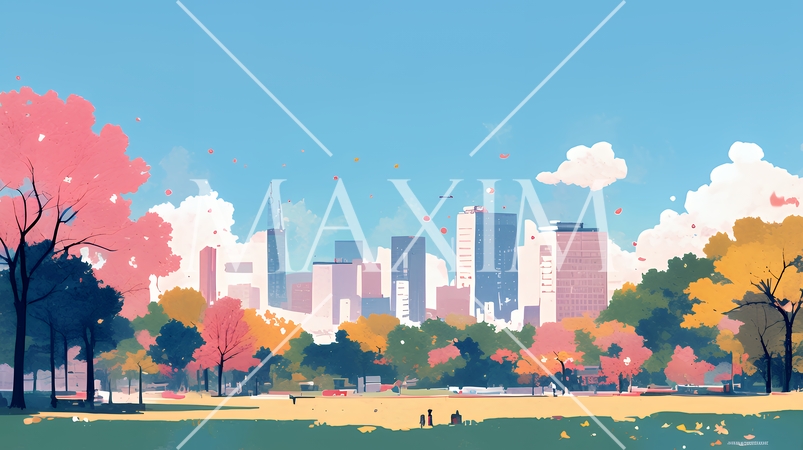 都市の町並みと青空（ポップでキュートな色使い）