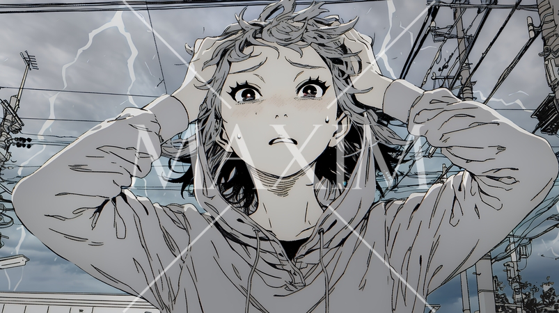 雷にひどく怯えている若い女性。