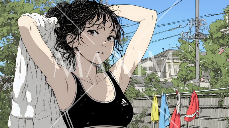 ヘアーシャワーの後の濡れ髪の若い女性