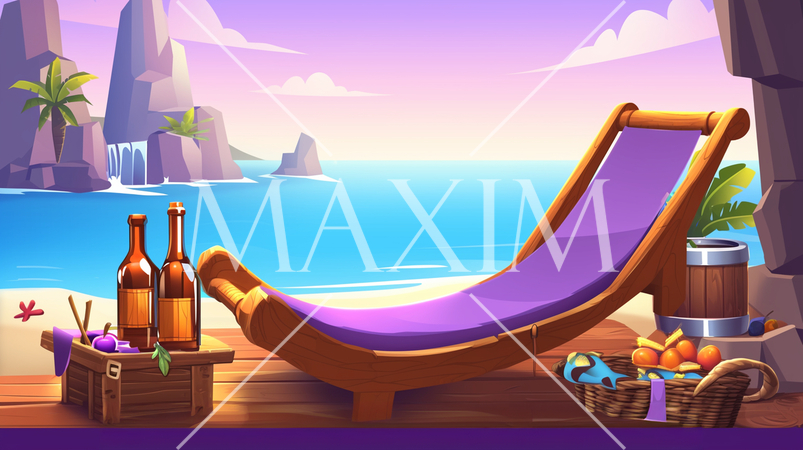 海辺の別荘のデッキにあるデッキチェアと海と夕空