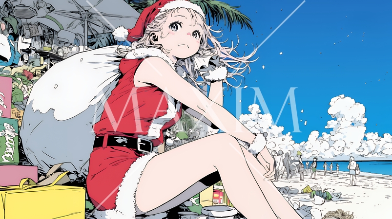 真夏（南半球）のビーチで活動中の女性のサンタクロース