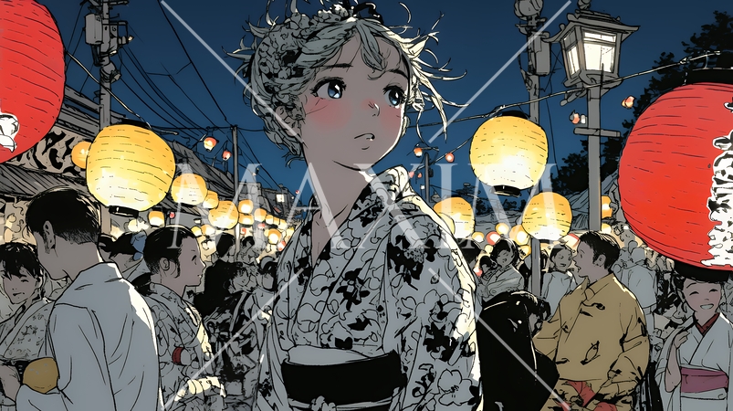 縁日屋台が立ち並び、賑わいを見せる祭りの夜