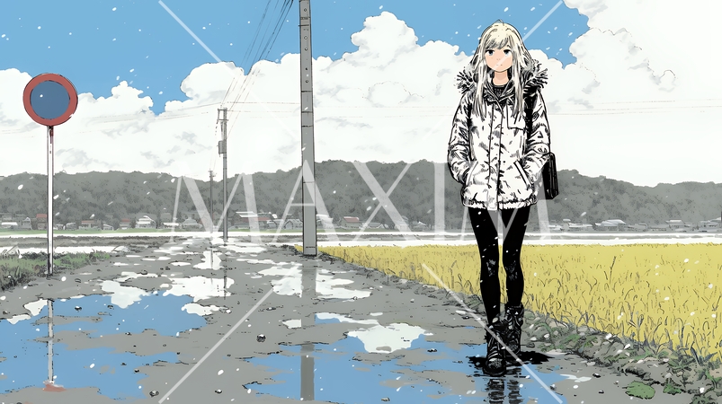 雪解けでぬかるんだ道を歩く若い女性