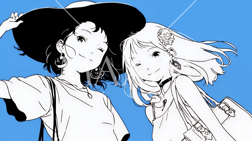 夏休みの思い出：女友達同士で旅行に行く（シンプルな色使い）