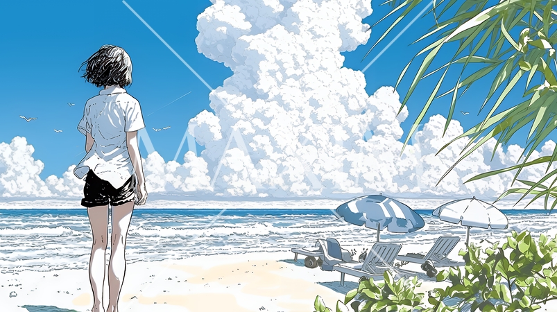 夏の海と入道雲と若い女性