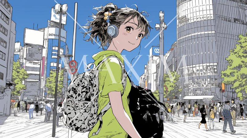 夏の日差しの中、都会を歩く若い女性