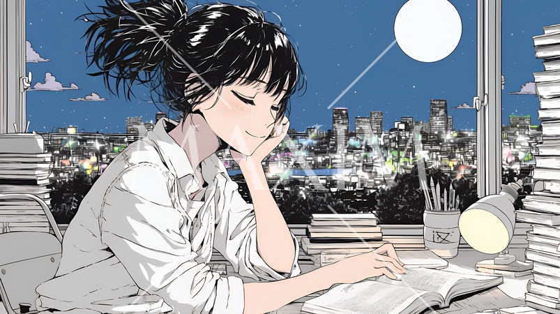 資料（本）を読みながら、うとうと眠ってしまう若い女性