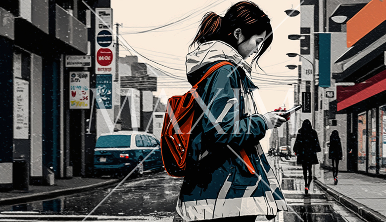 スマートフォンを見ながら街歩きをしている女性：歩きスマホの女性