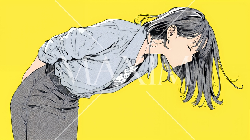 ミスやトラブルを反省して謝る若い女性｜申し訳なさそうな表情のビジネスイメージイラスト