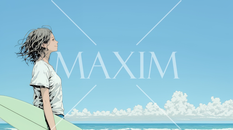 サーフボードを持ち海を見つめる若い女性｜ビーチ・リゾート・ライフスタイル・アウトドア