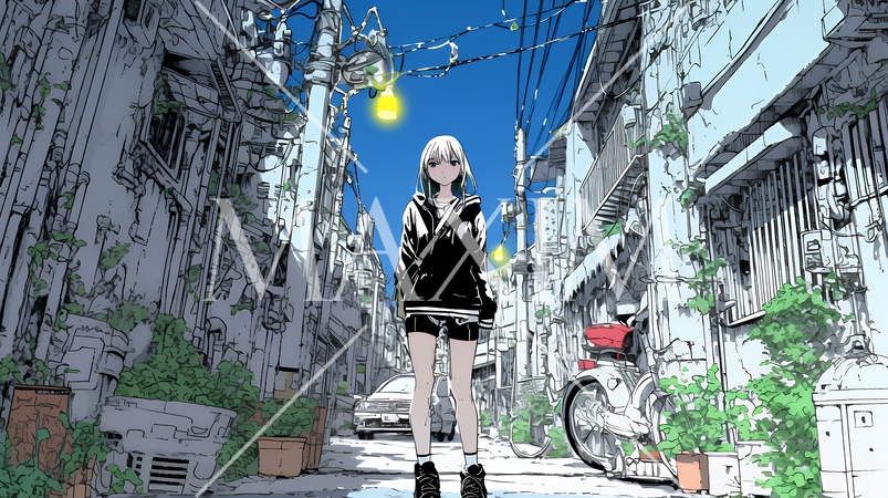 都会の治安の悪そうな場所にいる若い女性