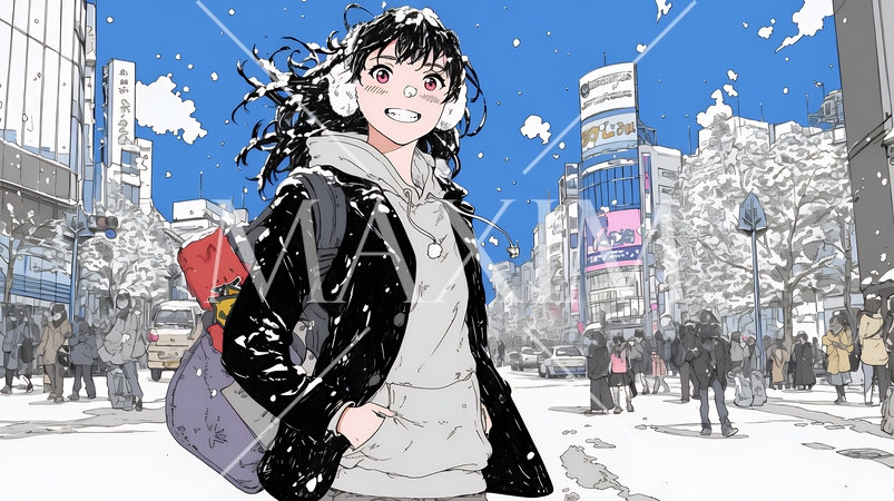 雪の積もる冬の都会を散策している若生女性