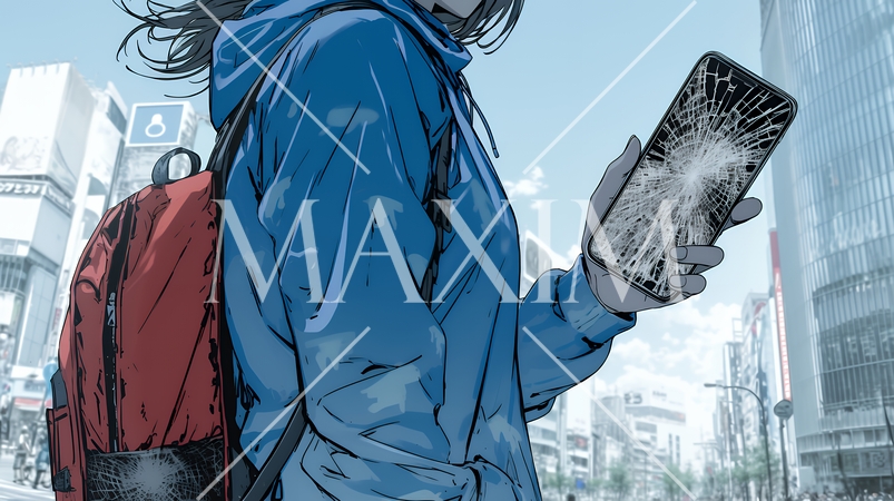 画面が激しく割れているスマートフォンを手にしているいる若い女性