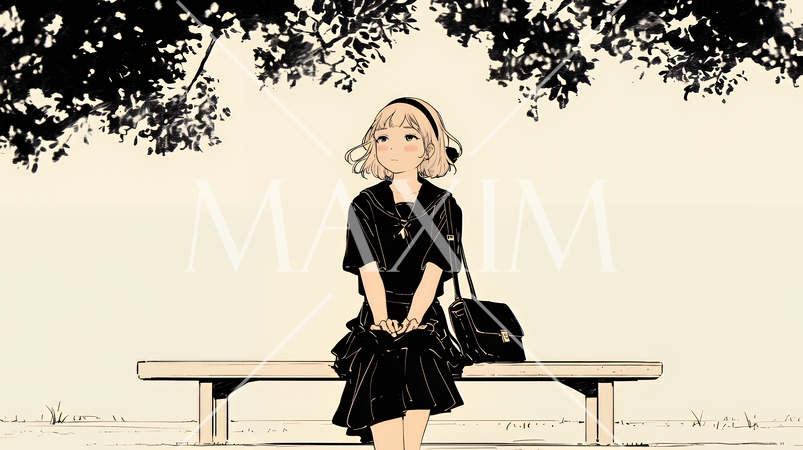 公園のベンチでひとり静かにくつろぐ若い女性（シンプルな色使い）