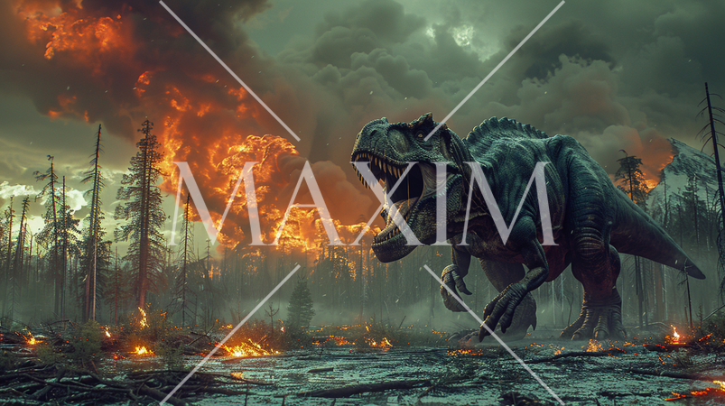 6500万年前、巨大隕石衝突による大森林火災と大寒波に見舞われている恐竜：精緻CG