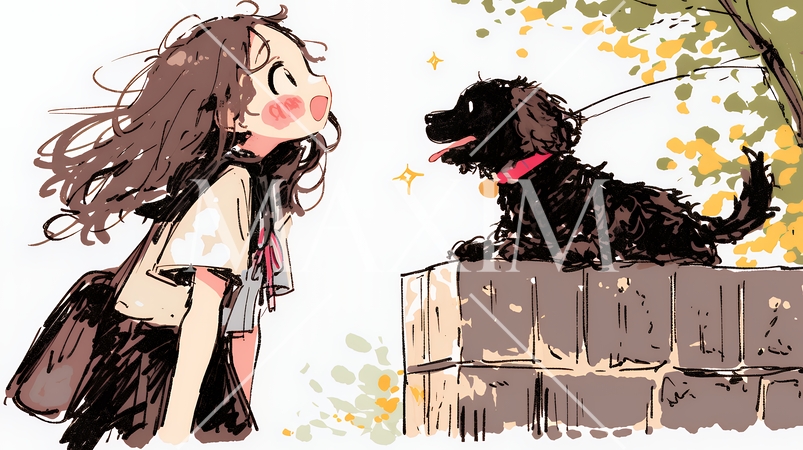 愛犬と散歩をしている女の子（クレヨン＋水彩画風）