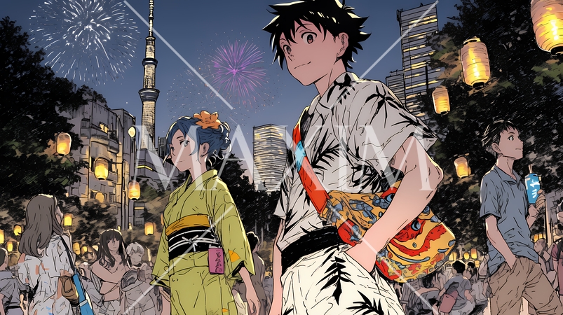 縁日屋台が立ち並び、賑わいを見せる祭りの夜