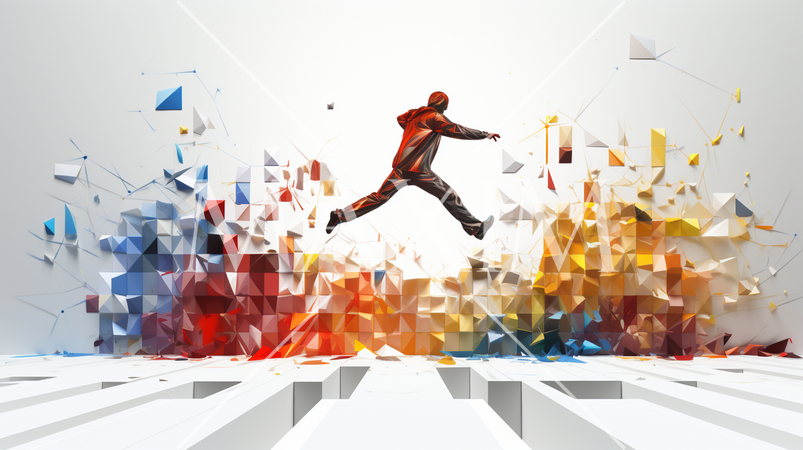 人が仮想空間をハイジャンプしているイメージ