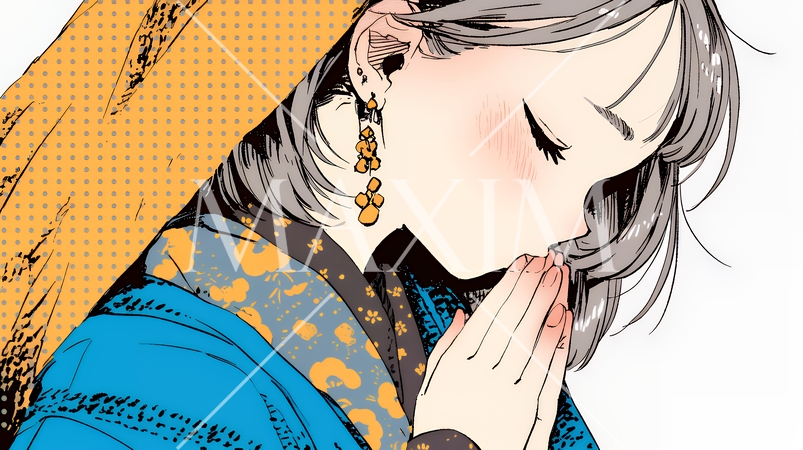 手を合わせてお祈りをしている和服姿の若い女性