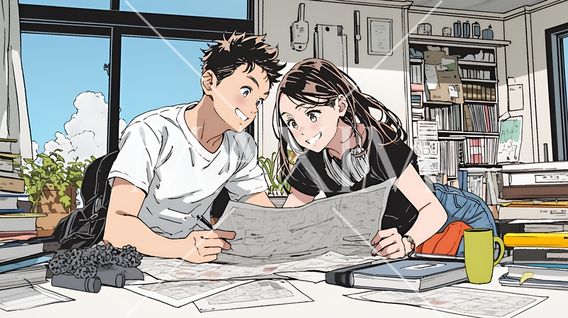 仲良く二人で旅行の計画を立てている若いカップル